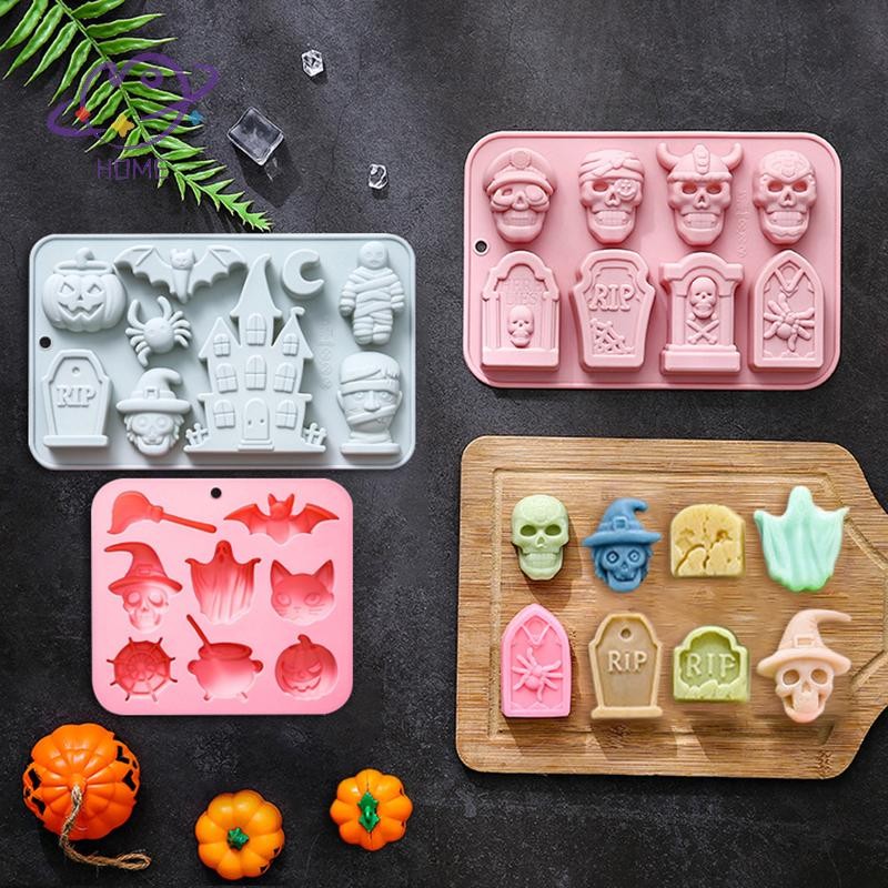 [mayhome] แม่พิมพ์ซิลิโคนฮาโลวีน Ghosts Pumpkins Bats Haunted Houses Tombstones Designs Baking Mold ช็อกโกแลตเค้กสบู่แม่พิมพ์ {TH}