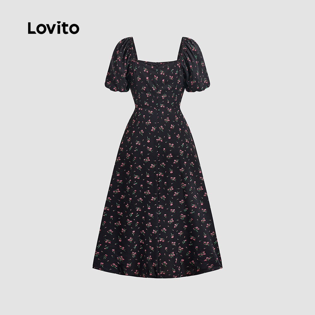 Lovito ชุดเดรสลูกไม้หรูหราแบบลิ้นชัก สไตล์รีสอร์ท เสื้อผ้าฤดูใบไม้ผลิ/ฤดูร้อน สีดำ สำหรับผู้หญิง LBL27022 - รูปที่ 3