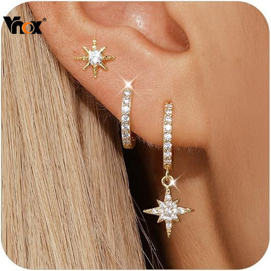 Vnox ชุดต่างหู 18K Gold 3-in-1 สำหรับผู้หญิง, ต่างหูวงกลมและสแตลค์ไม่มีปฏิกิริยาทางการแพทย์ เครื่องประดับที่เหมาะสมสำหรั