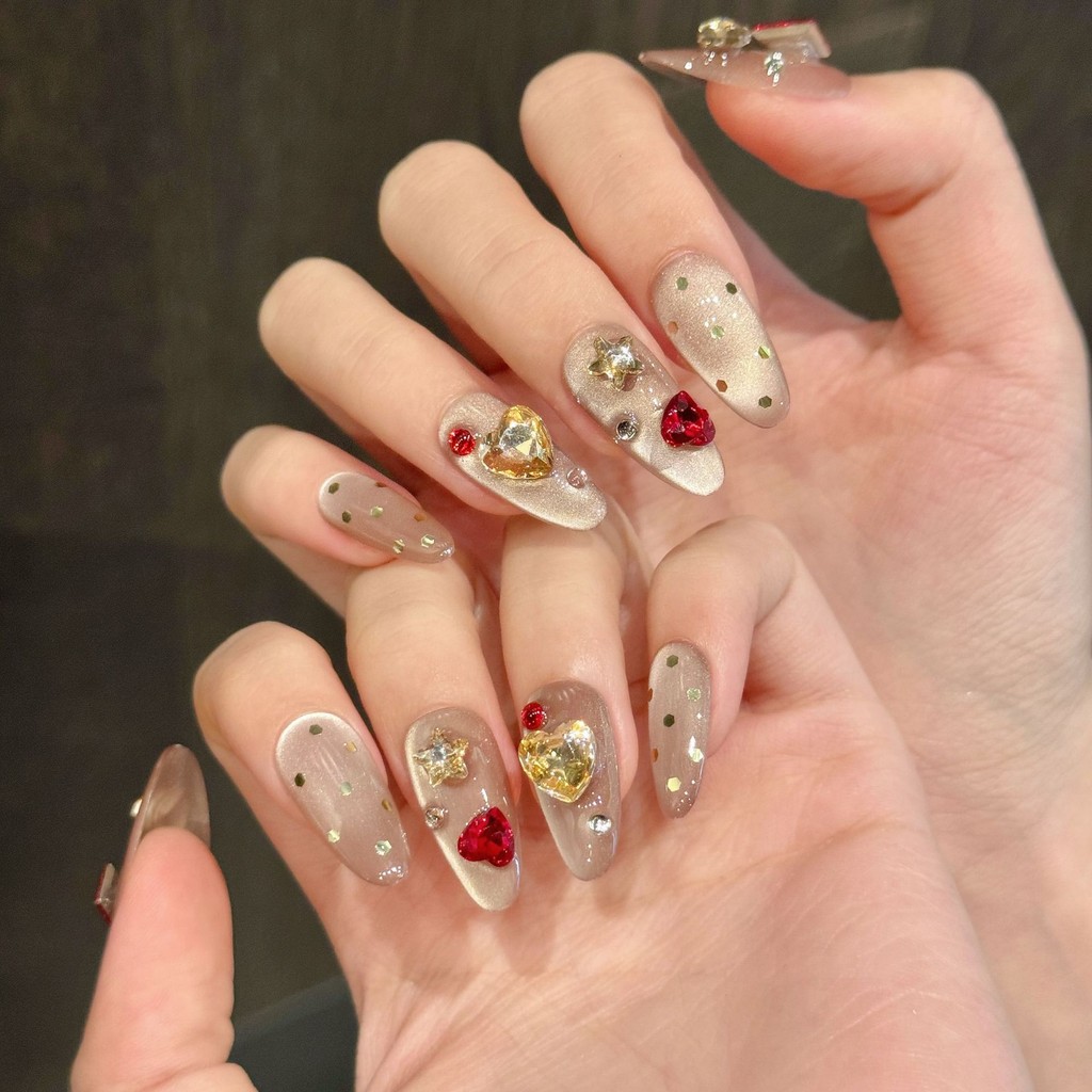 Yihe Original [Taojin Fuyu] สไตล์ใหม่เล็บปลอม Cat Eye Diamonds ไวท์เทนนิ่งทําด้วยมือบริสุทธิ์สวมใส่เล็บ