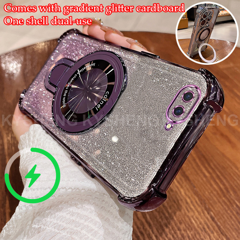 สําหรับ OPPO A3S A5 A12E A1K เคสโทรศัพท์สี่มุม anti drop U วงเล็บแม่เหล็กแฟลชแป้งโปร่งใส soft shell 