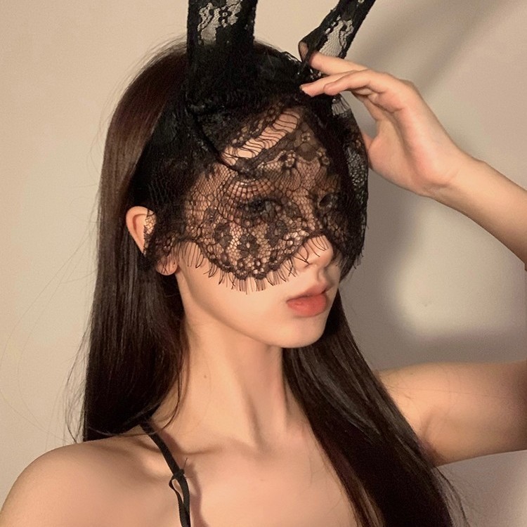 黑色感猫耳朵发箍女蕾丝面罩眼罩遮脸网纱头纱发饰纯欲头饰禁欲Black Cat's ears (Steamed cat-ear shaped bread) hair hoop female lace m