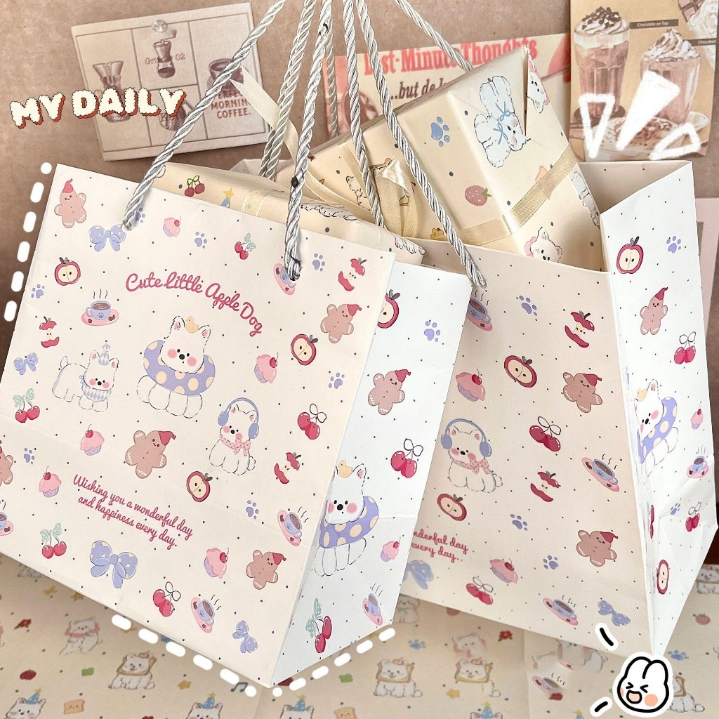ถุงของขวัญลายสุนัขน่ารักพร้อมแอปเปิ้ล 3ไซส์ สไตล์เกาหลี ของขวัญวันเกิดผู้หญิง ของชำร่วยงานแต่ง ใส่อาหารแห้ง กระดาษแข็งทน - รูปที่ 2