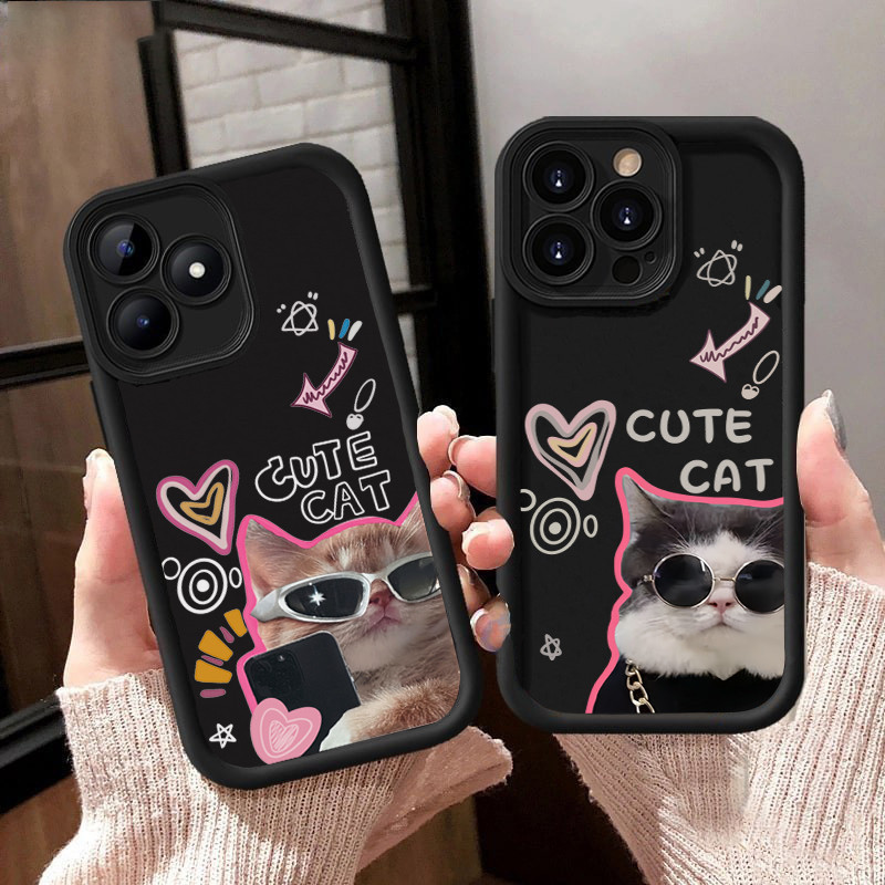สําหรับiphone 11 12 13 14 15 Pro Max XR X XS Max 7 8 14 15 Plus SE 2020 MINIการ์ตูนแว่นตากันแดดแมวGraffiti Lovingหัวใจคู่CoolลูกแมวMatteซิลิโคนปกอ่อน