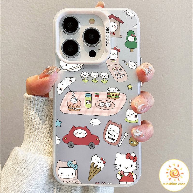 ภาพการ์ตูนแมวขาวน่ารักมีเปลือกเงินหลากสี ไอโฟน11 For iPhone12 13 14 15Pro MAX X XS XR XS 6 7 8Plus SE2020เคสโทรศัพท