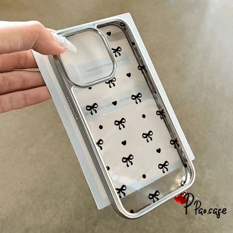 น่ารักสีดำโบว์รักเคสหัวใจผีเสื้อเข้ากันได้กับ IPhone 13 15 14 12 11 Pro Max XR 7PLUS X XS MAX 15 7 8 14 Plus SE 2020