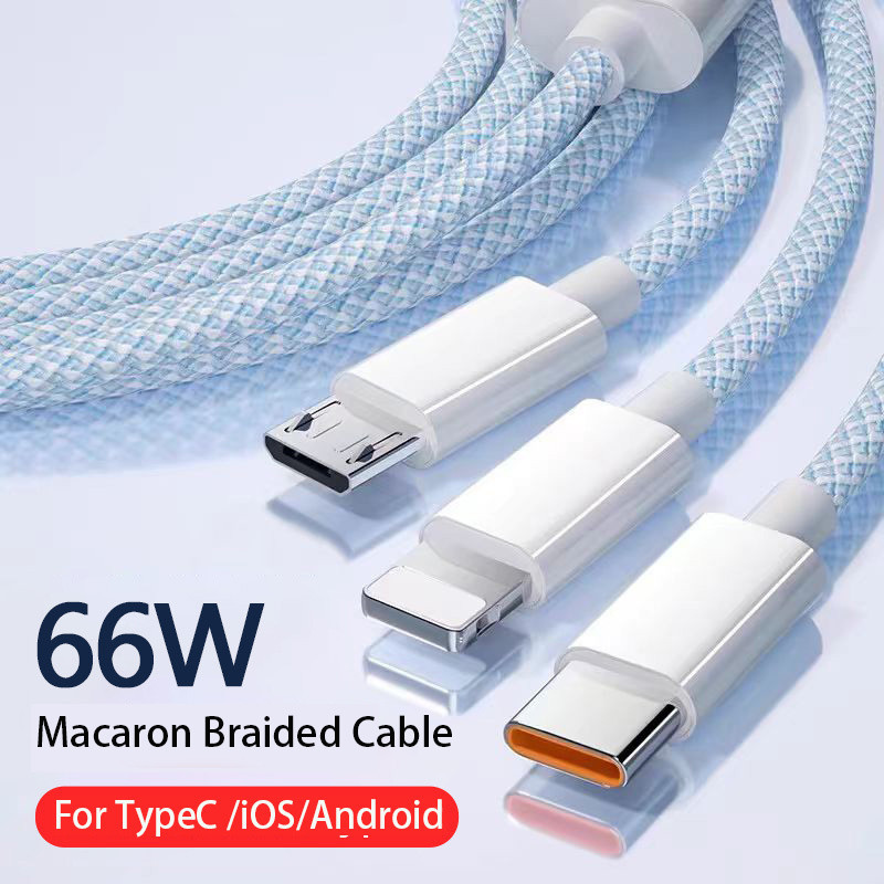 สายชาร์จหลายตัว, สายชาร์จมาการอง 3 in 1 ไนลอนถักสายเคเบิล USB หลายสายชาร์จสากลพร้อม Type-C, พอร์ต Micro USB และ IP สําหรับโทรศัพท์มือถือและอื่นๆ