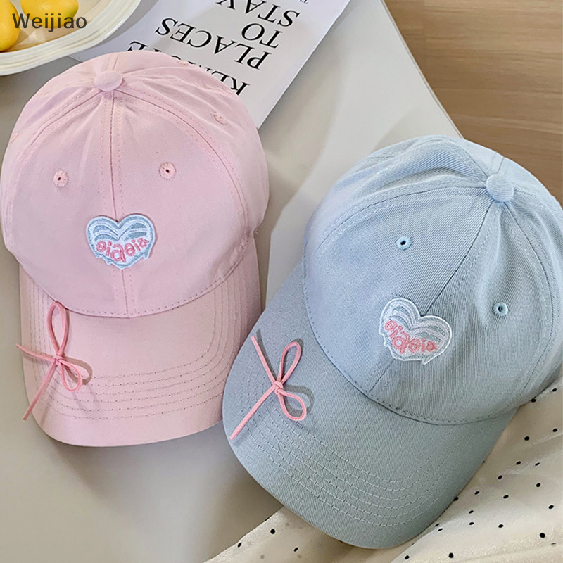 Weijiao % หวาน Bowknot Love เย็บปักถักร้อยเบสบอลหมวกผู้หญิงสาวเกาหลี Peaked หมวกกลางแจ้งผ้าฝ้ายนุ่ม Snapback Sun Visors หมวก TH
