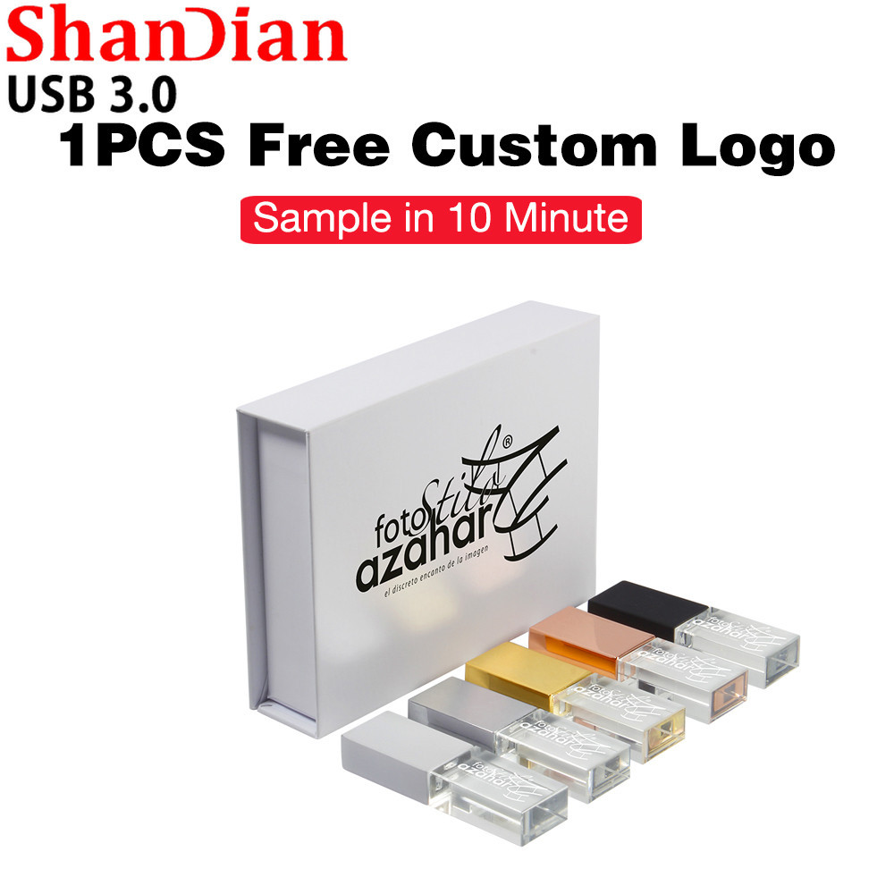 Shandian คริสตัล USB 3.0 แฟลชไดรฟ์ 128GB 1 PCS ฟรีโลโก้ที่กําหนดเอง Pendrive 64GB 3D เลเซอร์แฟลชไดรฟ