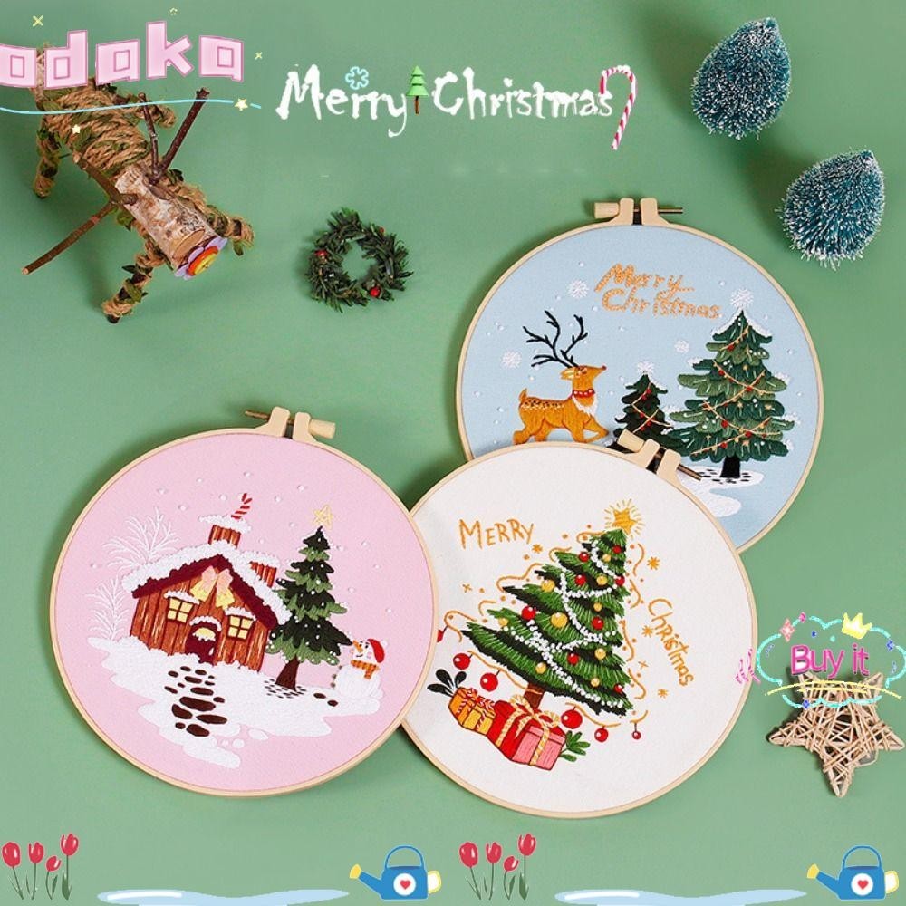 ชุดเย็บปักถักร้อยเริ่มต้น ODAKA, ชุดเย็บปักถักร้อยเริ่มต้นต้นไม้ DIY, Elk พร้อม Hoop ของขวัญเย็บปักถักร้อยทํามือคริสต์มาส