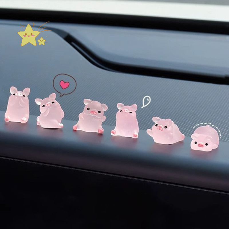 [JBTH] 6 ชิ้น/เซ็ตคอนโซลกลางรถเรซิ่น Noctilucent หมูสีชมพูเครื่องประดับกระจกมองหลังรถยนต์ตกแต่งจักรยานอุปกรณ์ตกแต่งภายในอัตโนมัติ [JB]
