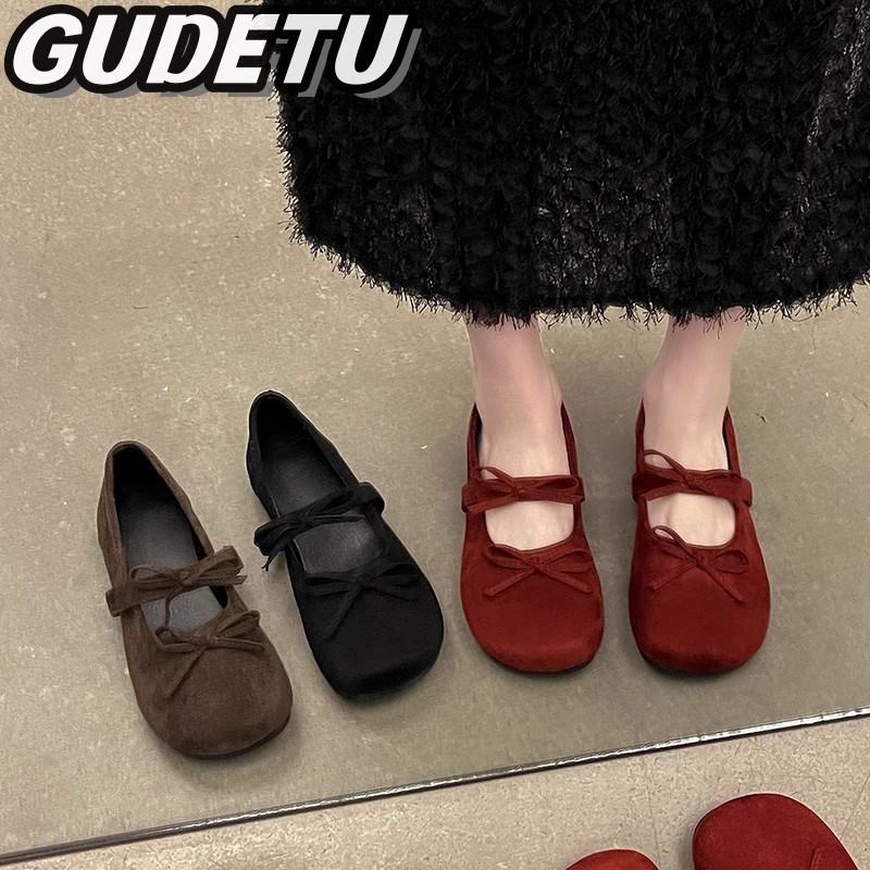GUDETU รองเท้าลําลองผู้หญิงแฟชั่นใหม่เกาหลีโบว์สีแดงรองเท้าแมรี่เจนรองเท้าแบนสบาย