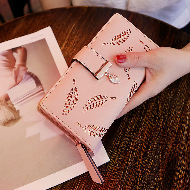 กระเป๋าสตางค์ใบยาวผู้หญิงแฟชั่น Hollowed-out Leaf-Shaped Zipper Hasp Wallet