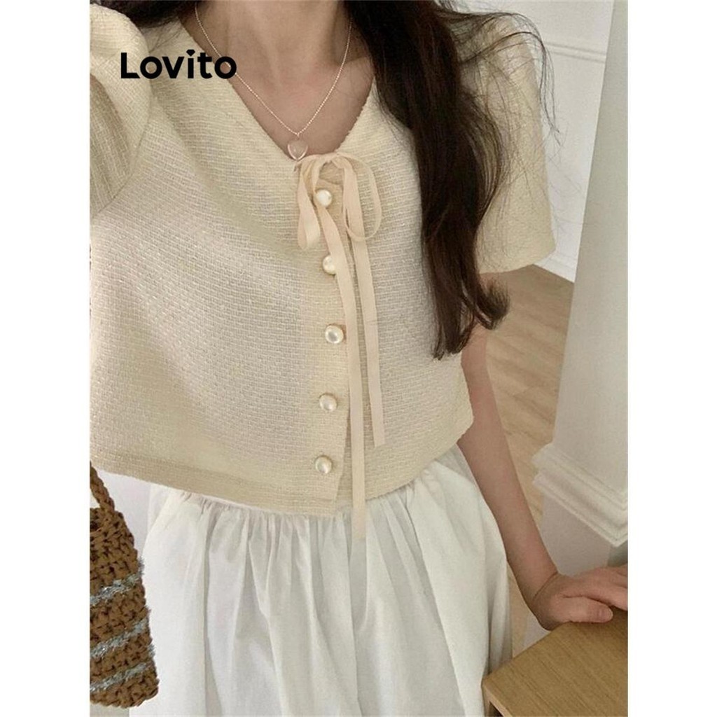 Lovito เสื้อเบลาส์ผู้หญิง แต่งโบว์ สีพื้น สไตล์ลำลอง LNE59370