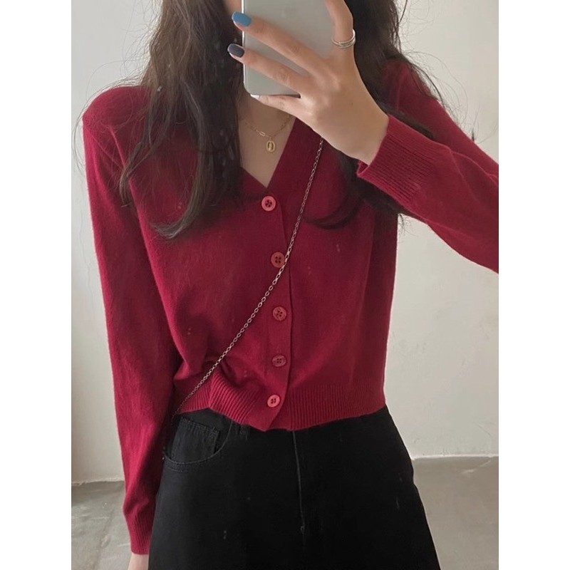 ฤดูใบไม้ผลิฤดูใบไม้ร่วงสไตล์ใหม่ขนาดเล็กแขนยาวเสื้อกันหนาวคาร์ดิแกนคอวีผู้หญิงสั้นเสื้อถักแจ็คเก็ต