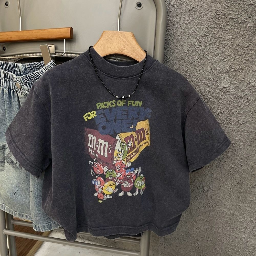 ฤดูร้อนหล่อเด็กชายและเด็กหญิงสมัยเก่าเกาหลีผ้าฝ้ายแขนสั้นหลวมเสื้อยืดการ์ตูนพิมพ์ด้านบน - รูปที่ 4