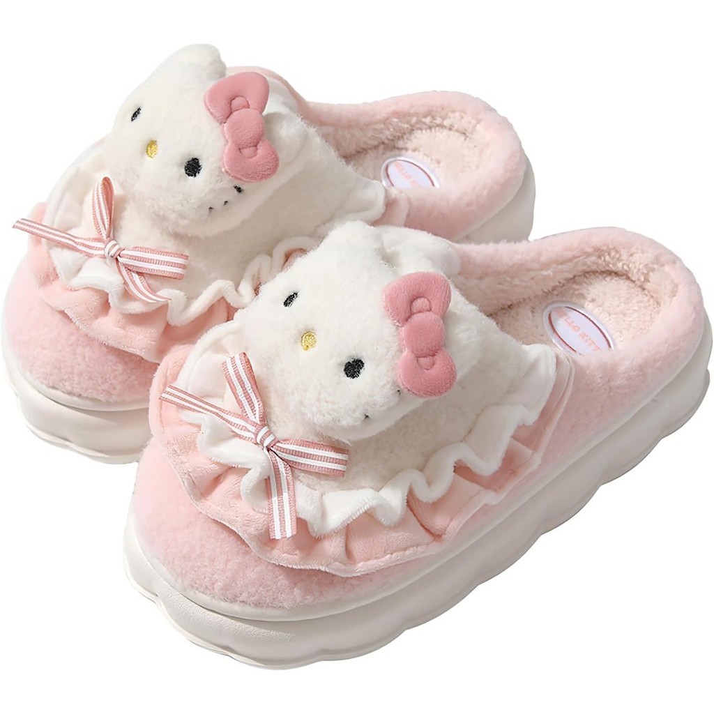 Sanrio Kitty รองเท้าแตะน่ารัก Furry Slides การ์ตูนผู้หญิงรองเท้าแตะผ้าฝ้าย Mute สไลด์ในร่มบ้านรองเท้าสําหรับผู้หญิง