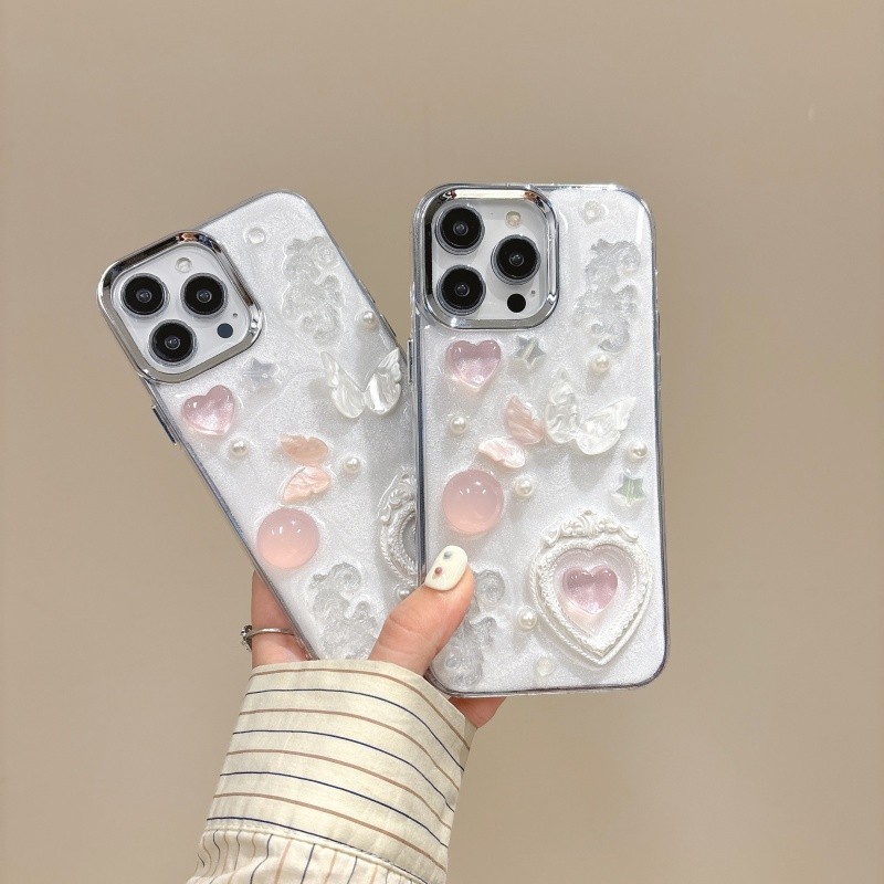 3d สีชมพู Love กรอบรูป Dropping กาว Hard Case สําหรับ iPhone 11 12 13 14 15 Pro Max สีขาว anti fall ฝาครอบปลอก