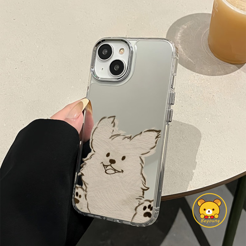 Smile Puppy Mirror Clear Casing สําหรับ Samsung Galaxy S24 S23 S22 S21 Plus หมายเหตุ 20 Ultra S23 S21 S20 FE F55 F14 C55 M52 M34 M32 M22 M14 A22 A21S 5G เลนส์สุนัข