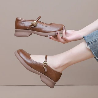 <48 ชั่วโมง การจัดส่ง>Size 35-42 รอบ Toe Mary Jane Shoes สไตล์ใหม่ Soft-Soled Flat Strap Shoes