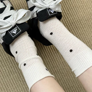 แฟชั่น Polka Dot ผู้หญิงถุงเท้าฤดูร้อนบาง Hollow Out Meah Breathable ถุงเท้ายาวญี่ปุ่น Kawaii น่ารักหวานสาว Ruffle ถุงเท้า