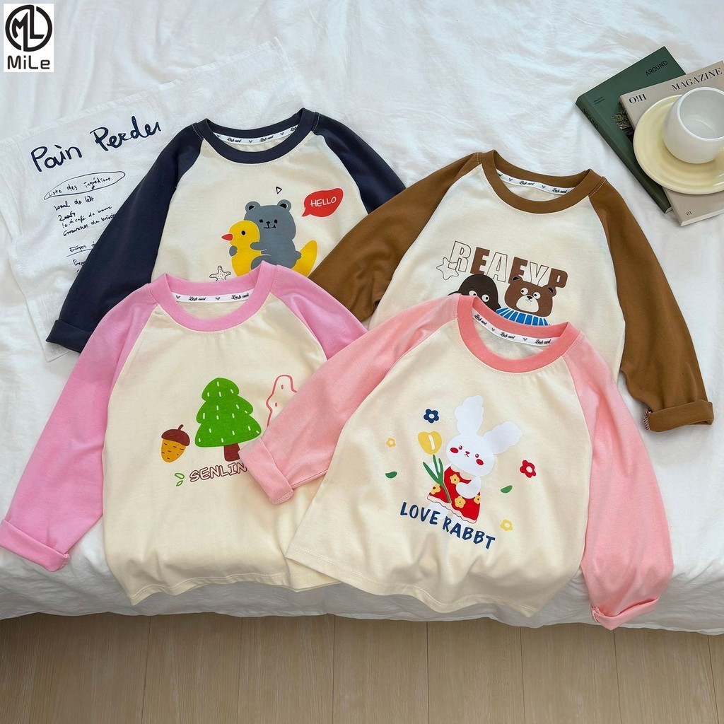 [ML] 80-140 ซม.เด็กผ้าฝ้ายเสื้อยืดสาวเด็กเสื้อแขนยาวเดี่ยว-Piece Baby a Class ผ้าฝ้าย 100% Raglan แขนเย็บ Bottoming เสื้อ