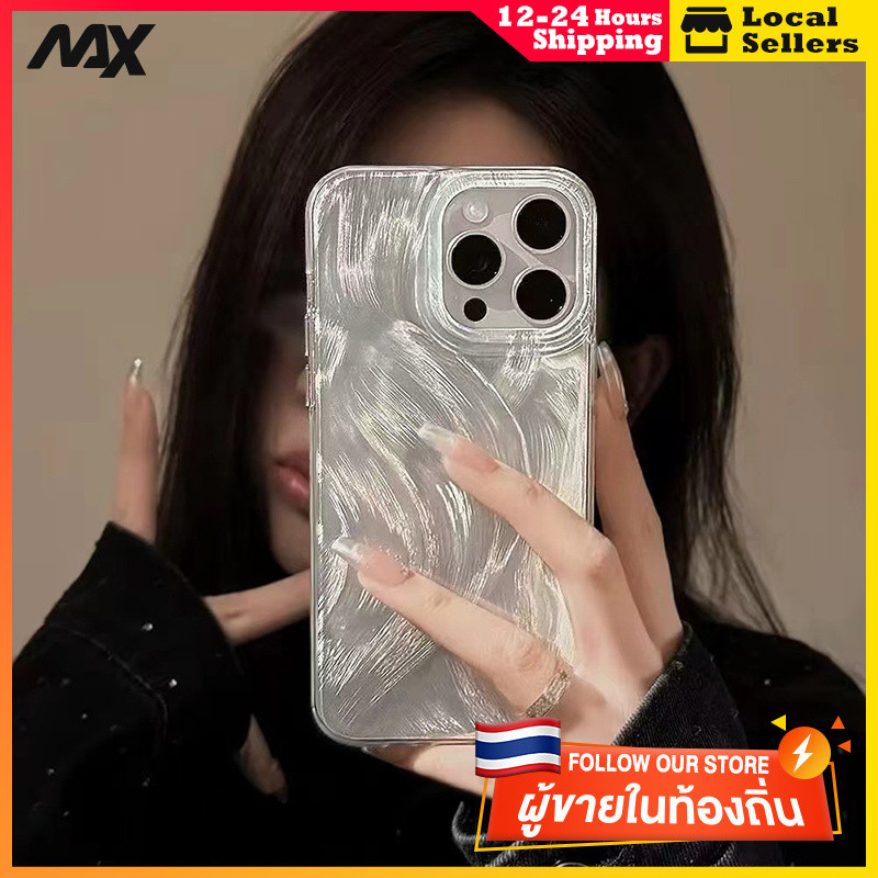 ป้องกันการชนกัน เคสโทรศัพท์แอปเปิ้ล เส้นด้ายขนนกสุนัขจิ้งจอกสีเงิน iphone 11 12 13 14 15 Pro Max 14Plus XR XS X 7 8 Plus