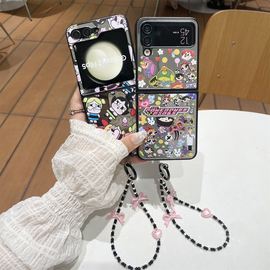for Samsung Galaxy Z Flip 5/6/4/3 กระจกแฟชั่น การ์ตูนน่ารัก หน้าอ้วน The Powerpuff Girls PC Hard Case