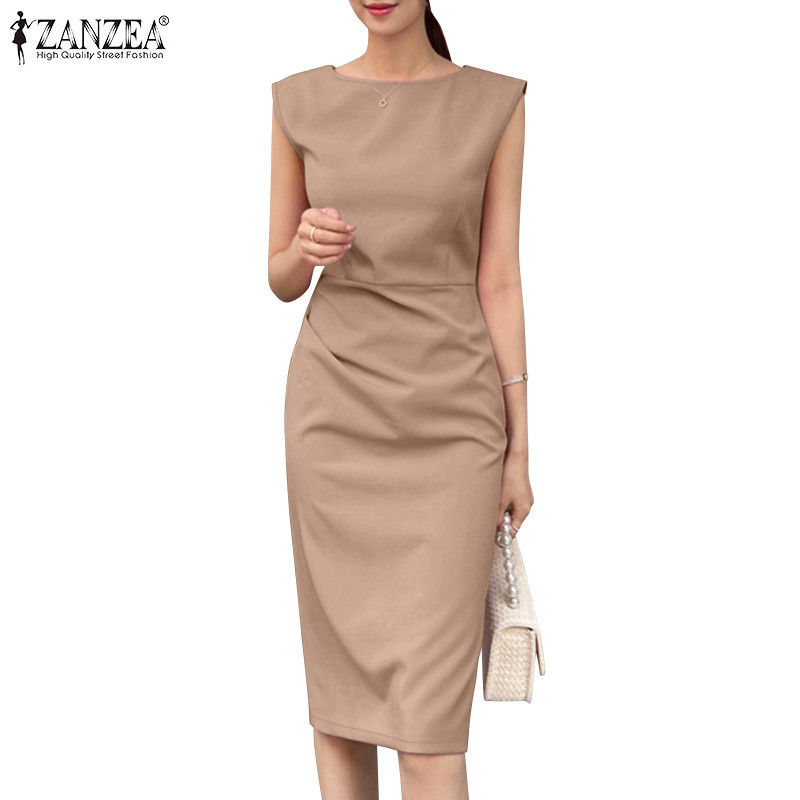 ZANZEA ซานเซีย ชุดเดรสเอวจีบแขนกุดซิปอารมณ์เกาหลี