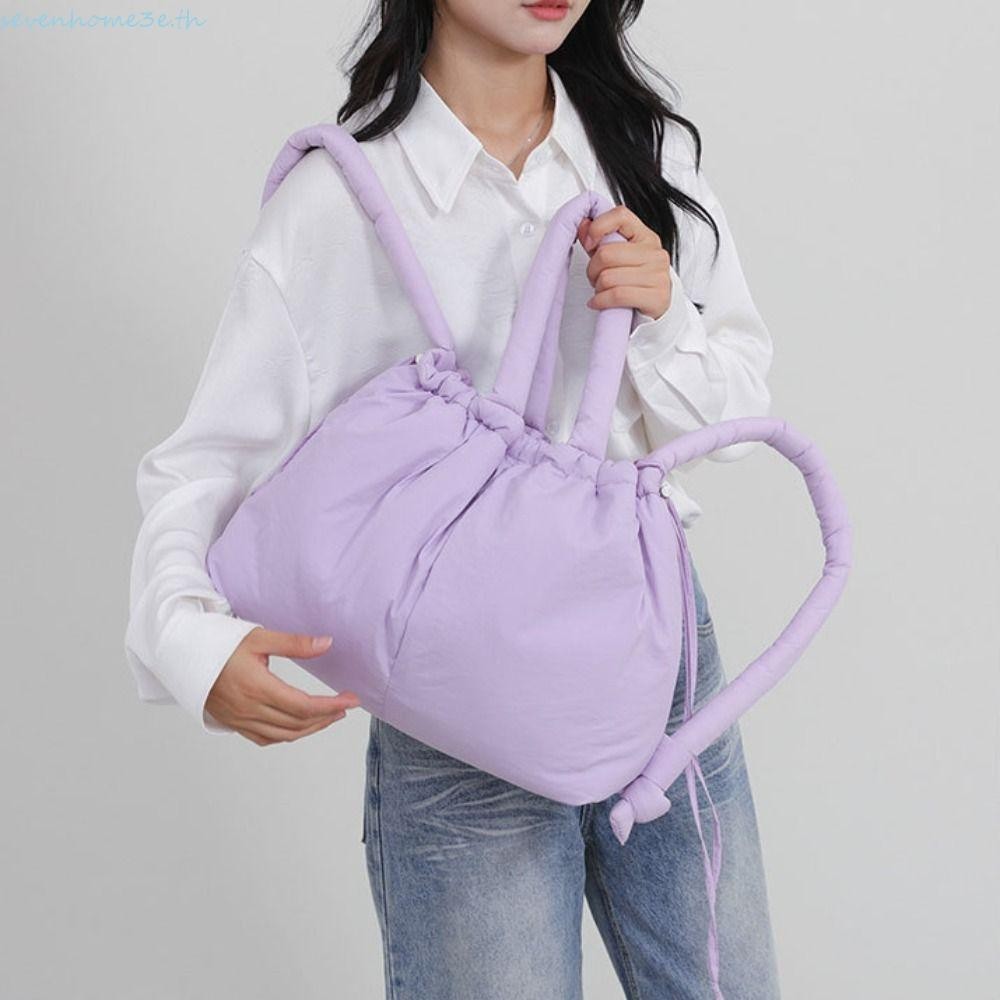 Sevenhome3e Drawstring Tote Bag, Quilted Solid Color Nylon Cushion Tote Bag, Simple Large Capacity Knotted Strap Lighted Backpack Beach