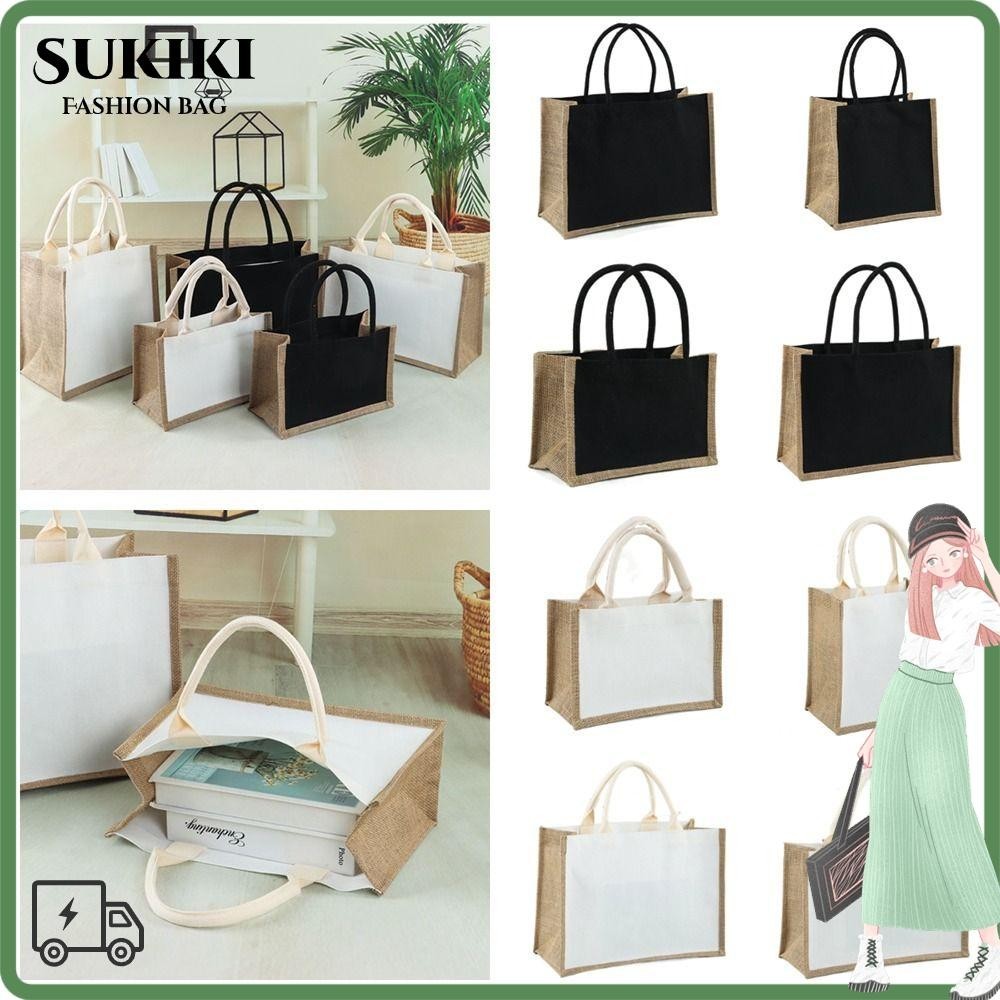 Sukiki กระสอบเปล่า, ถุงเก็บของ กระเป๋าถือ Tote สีขาวสีดํา, กระเป๋าช้อปปิ้งพับได้ความจุขนาดใหญ่สําหรับเดินทางแบบใช้ซ้ําได้