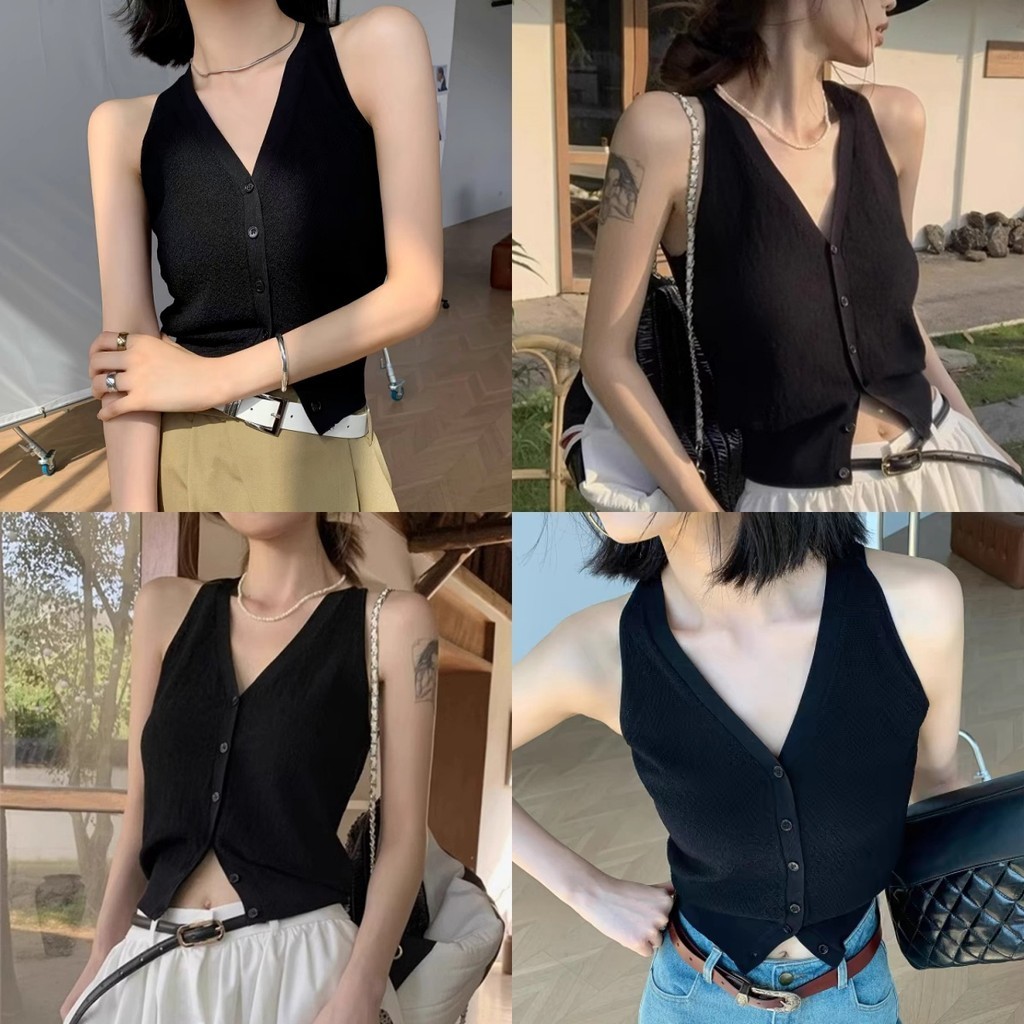 Bonnie ​เสื้อกล้ามไหมพรม คอวี สีพื้น แขนกุด เข้ารูป คอกลม แขนกุด เสื้อสไตล์เกาหลี สไตล์มินิมอลน่ารักๆสบาย#05016