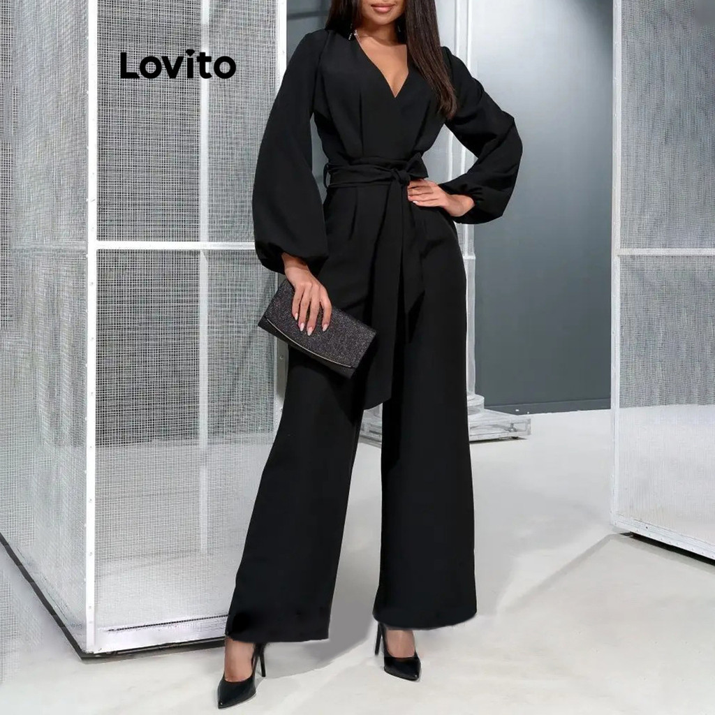 Lovito ชุดจั๊มสูทผู้หญิง ผูกเชือก สีพื้น หรูหรา LNL63346