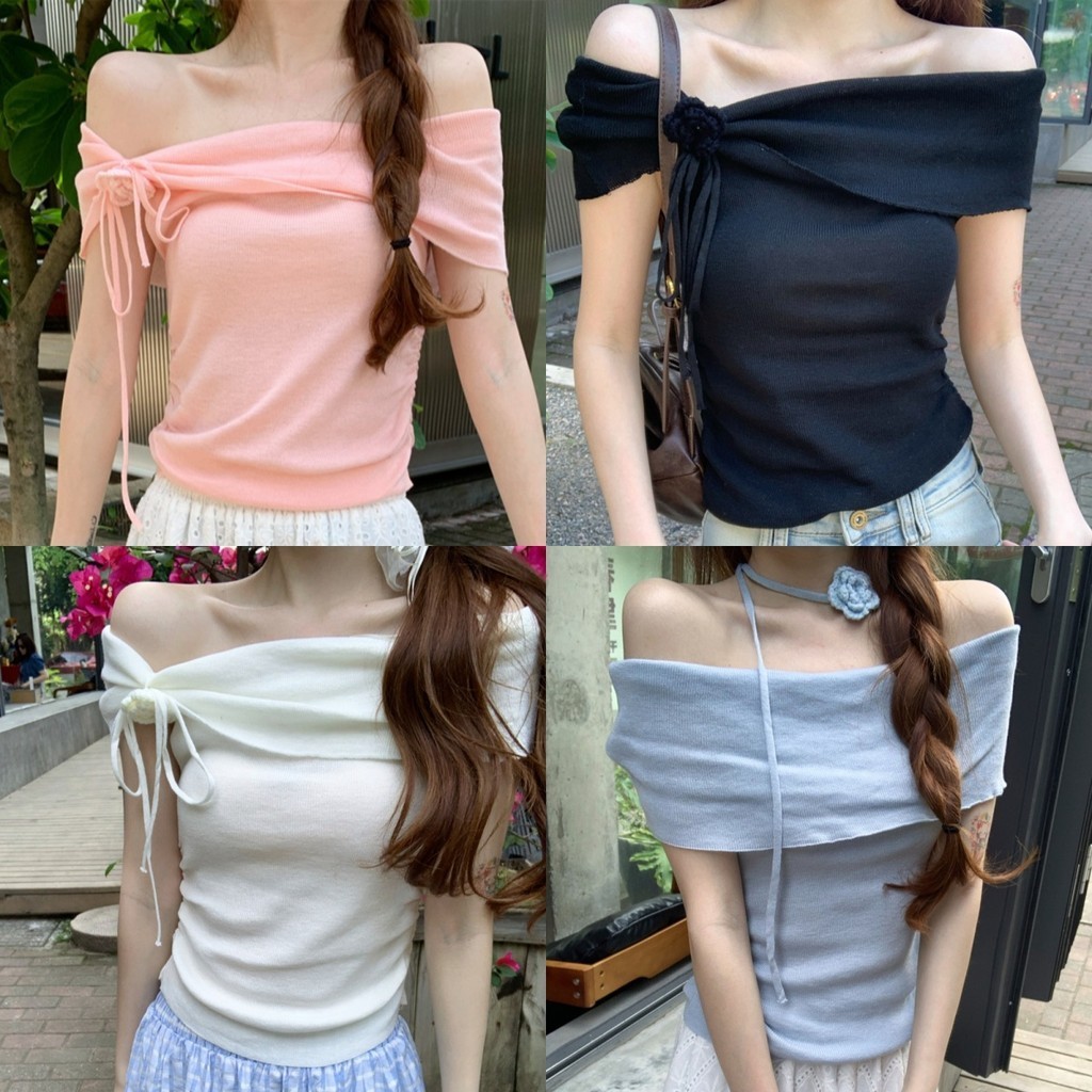 Evelyn เปิดไหมพรมเปิดไหล่ หญิง สไตล์เกาหลี แขนสั้น สีพื้น ปาดไหล่ เซ็กซี่ ผ้านิ่มใส่สบายน่ารักมาก#S004