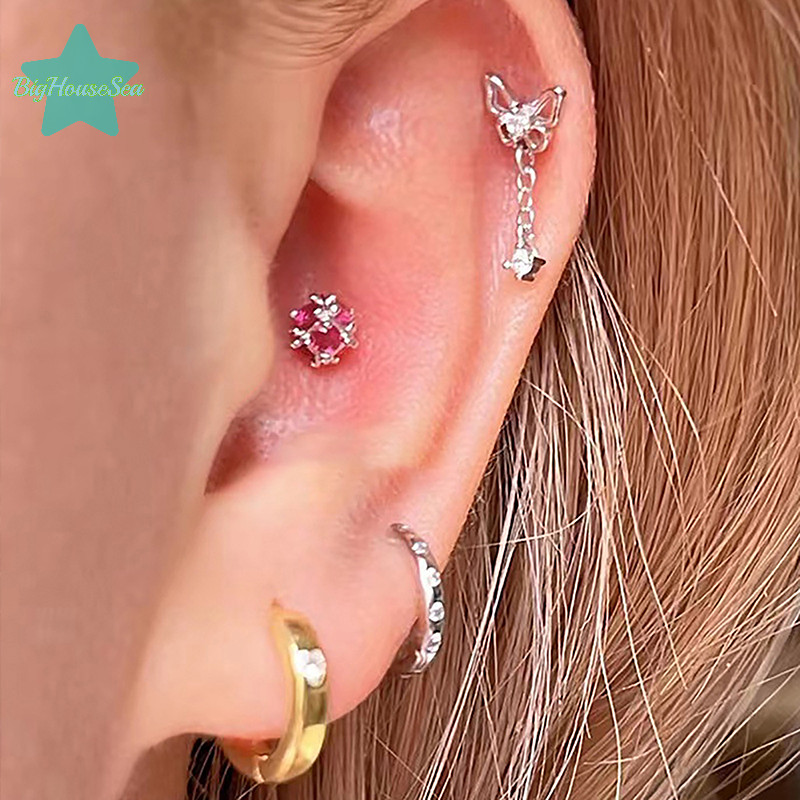 [BigHouseSea] 1 คู่ sel Zircon หูกระดูกเล็บเกลียวต่างหูสตั๊ดสําหรับผู้หญิงสาวปาร์ตี้ใหม่เครื่องประดับ Fine ของขวัญใหม่