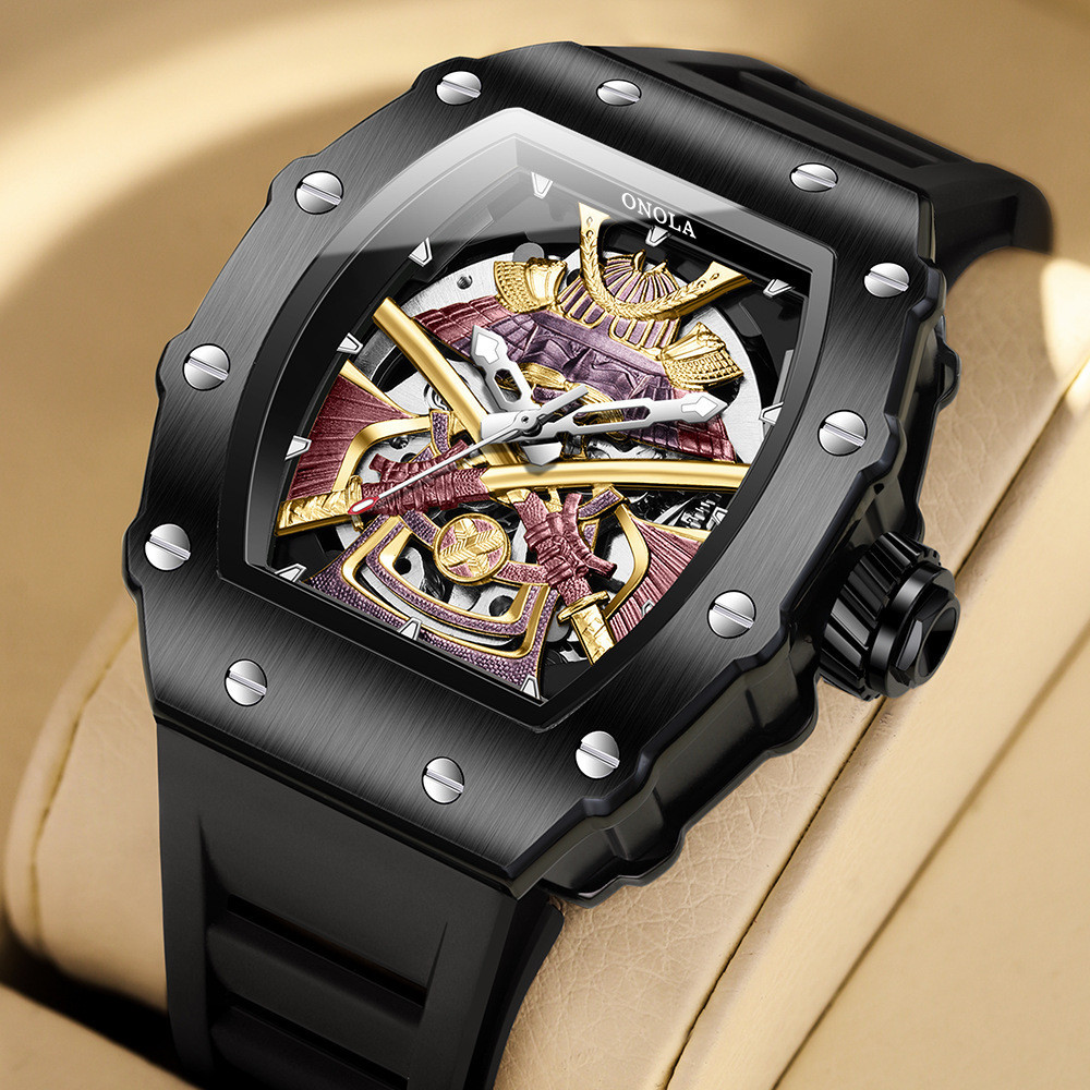 ONOLA Black Samurai Hollow คุณภาพสูงสองทางอัตโนมัตินาฬิกาแฟชั่นผู้ชาย