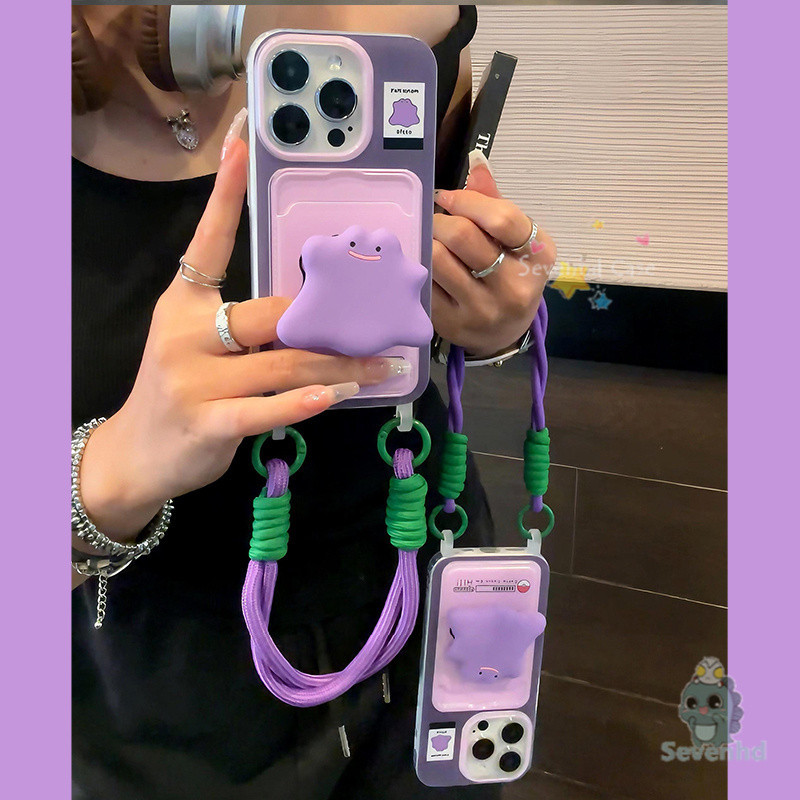 ปลอกสําหรับiphone 11 16 15 14 13 12 Pro Max XR 8 7 6 6s Plus SE 2020 X XS Max INSอินเทรนด์น่ารักPokémonสีม่วงGhostเคสโทรศัพท์ + เชือกเส้นเล็ก + ผู้ถือบัตรSoft TPUป้องกันปกหลัง
