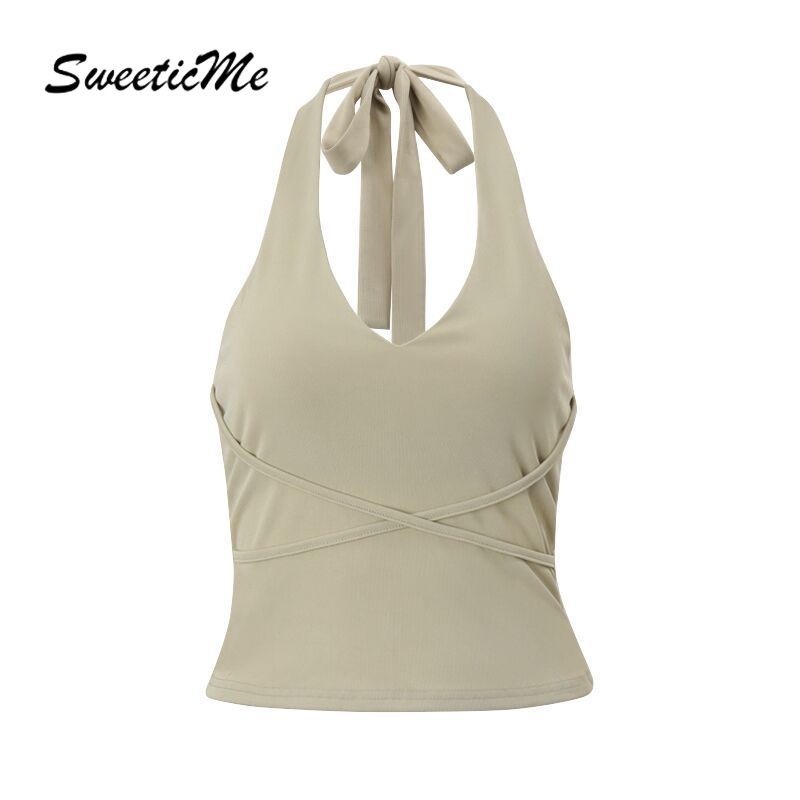 Sweeticme ผู้หญิง 2024 ใหม่แฟชั่นสีทึบ Slim Fit เซ็กซี่ Backless Halter เสื้อกล้าม Camisole