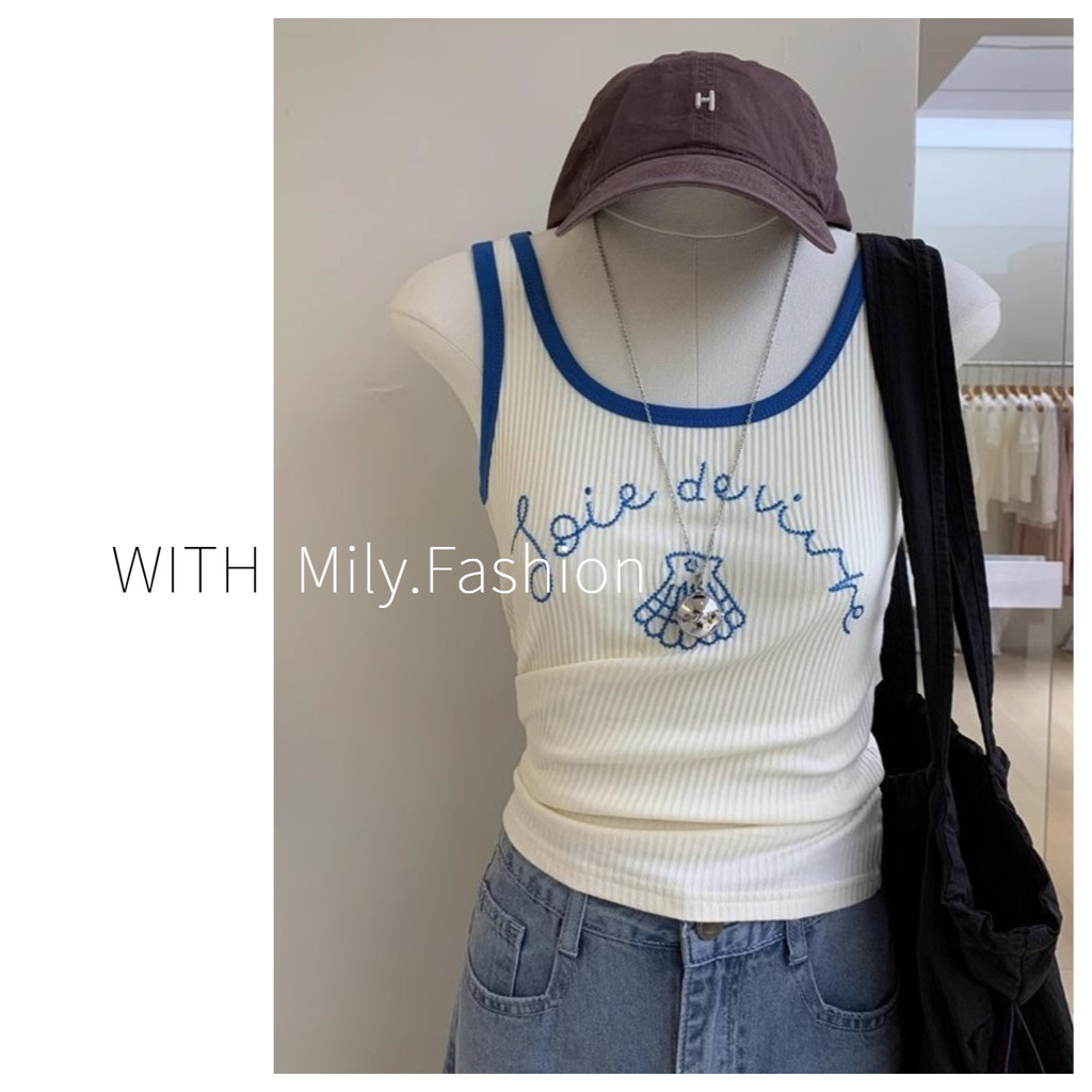Milyfashion เสื้อกล้ามสายเดี่ยวแขนกุดพิมพ์ลายสีแอปริคอทสไตล์อเมริกันสำหรับฤดูร้อนใส่ด้านนอกแบบสั้นใส่ด้านในใส่แล้วดูผอมเพรียว