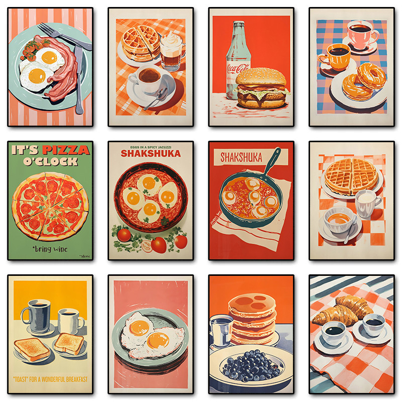 Retro ตลกอาหารอาหารเช้าไข่ Bacon Pancakes ชีสโปสเตอร์พิมพ์ผ้าใบพิมพ์ Wall Art ภาพสําหรับห้องครัวตกแต่งบ้าน