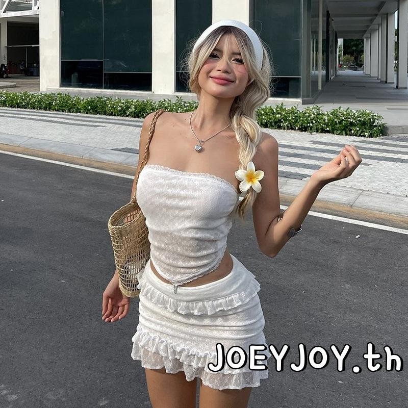 Joeyjoy-ชุดสตรีฤดูร้อน 2 ชิ้นปิดไหล่เสื้อลูกไม้ + ชุดกระโปรงนัวเนียผูกขนาดเล็ก