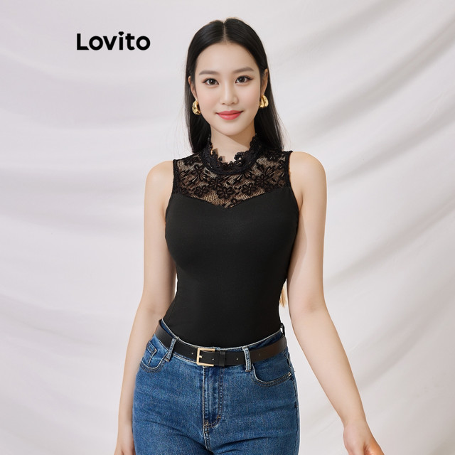 Lovito เสื้อกล้ามผู้หญิง ผ้าตาข่าย แต่งลูกไม้ ลายดอกไม้ เซ็กซี่ LBL09061