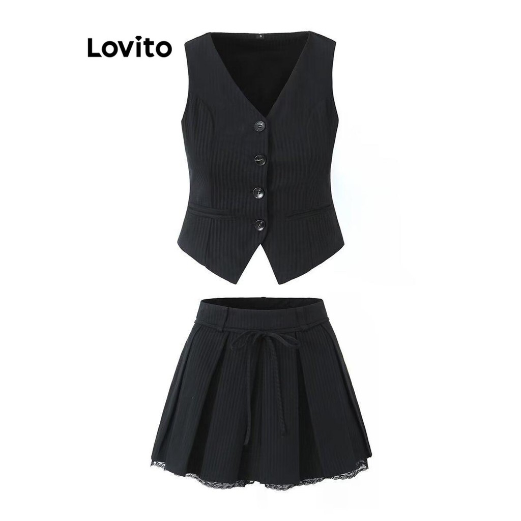 Lovito ชุดเซ็ทกระโปรง พร้อมเสื้อ มีกระดุม สีพื้น สไตล์ลำลอง สำหรับผู้หญิง LNE55043