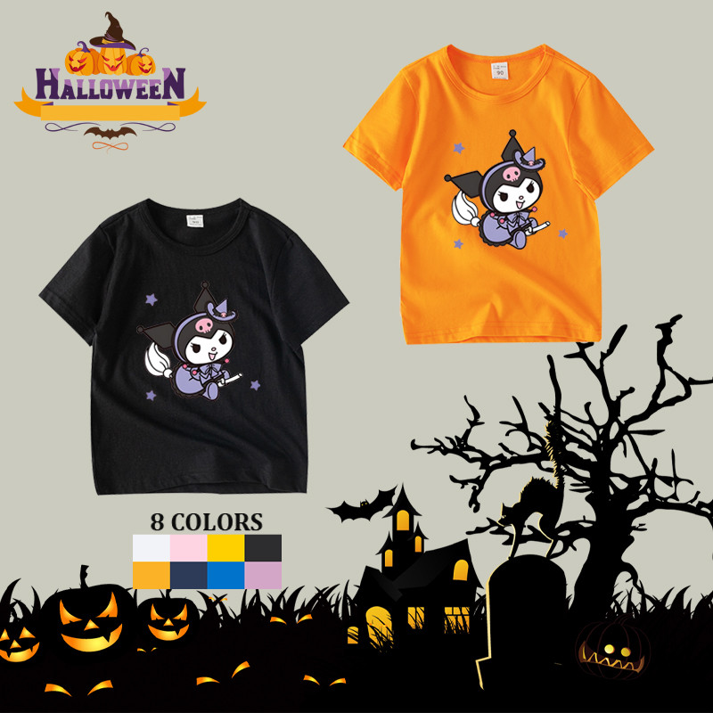 Kuromi ฮาโลวีนเด็กผ้าฝ้ายแขนสั้นเสื้อยืด 8 สีพร้อมสต็อกสบาย Tee สําหรับเด็กชายและเด็กหญิง WHS002