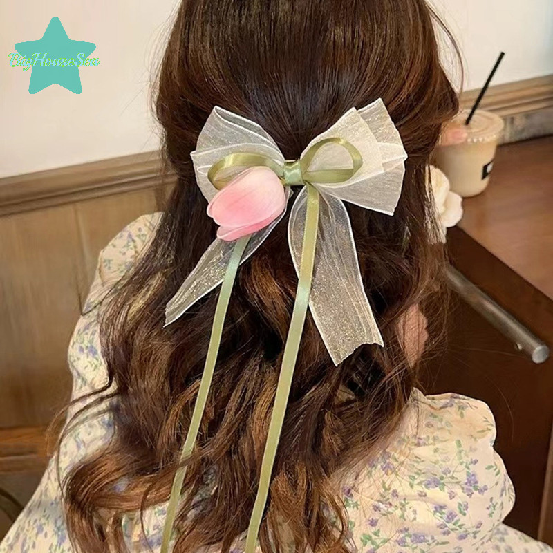 [BigHouseSea] ฤดูใบไม้ผลิฤดูร้อน Tulip Bow กิ๊บติดผม Scrunchies สําหรับผู้หญิงสาวสไตล์เกาหลีหวานน่ารักริบบิ้นดอกไม้ Hairpin เครื่องประดับผมใหม่