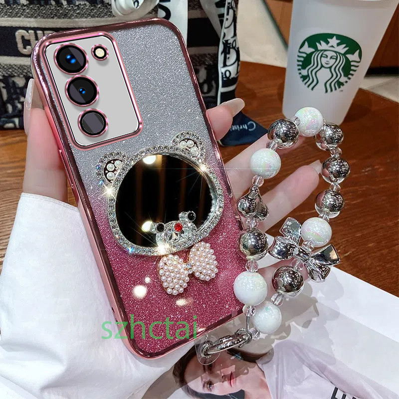 เคสโทรศัพท์ Vivo V29 5G V30 5G V29E V27 5G V27E V25 V25E V23 5G V21 5G V19 กระจกแต่งหน้าหูหมีมงกุฎหรูหราพร้อมเชือกเส้นเล็ก เคส Vivo V29 5G V30 5G V29E V27 5G V27E V25 V25E V23 5G V21 5G V19