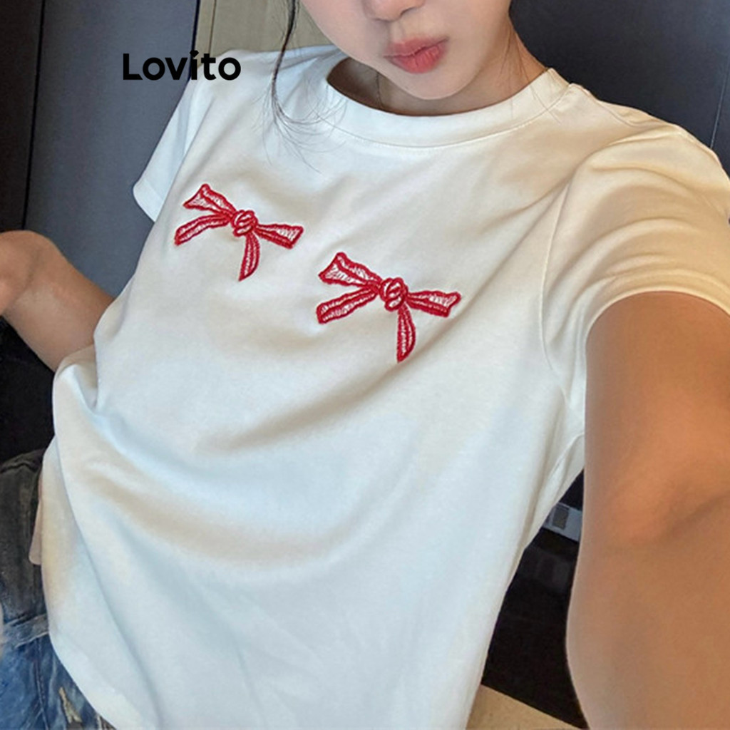 ซื้อ Lovito เสื้อยืดผู้หญิง ปักลายโบว์ สีพื้น สไตล์ลำลอง LNA54208