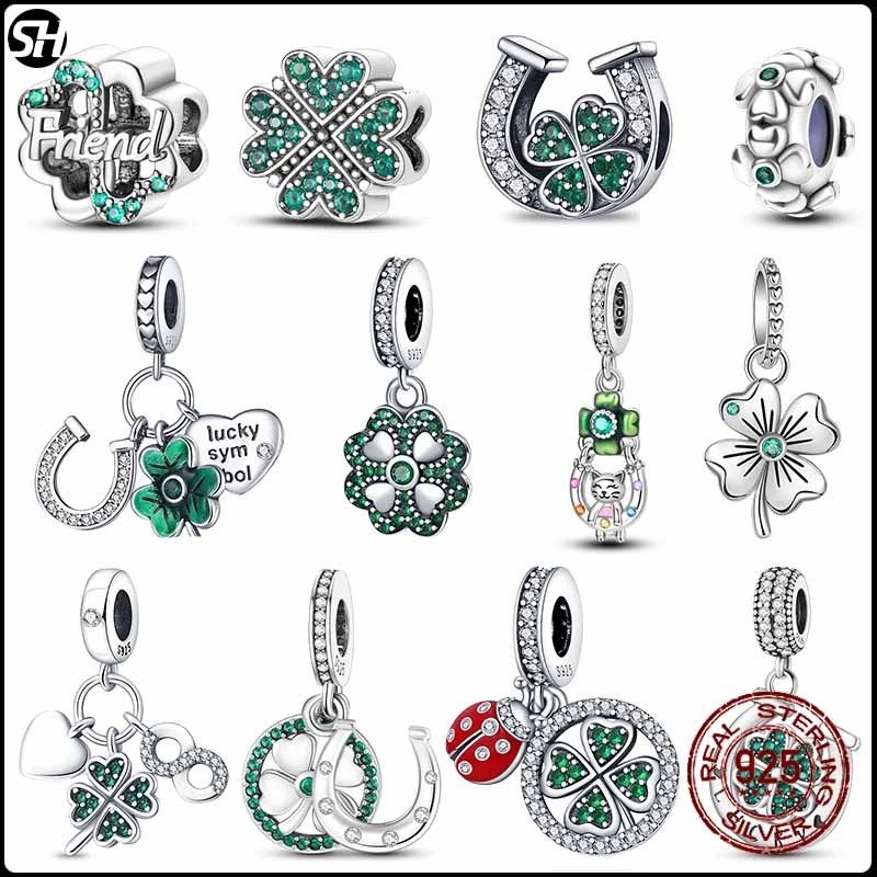 S925 เงินสเตอร์ลิงสีเขียว Series Four leaf clover จี้ Fit charms สร้อยข้อมือลูกปัด DIY ลูกปัดแฟชั่นสําหรับผู้หญิงเครื่องประดับของขวัญร้อน