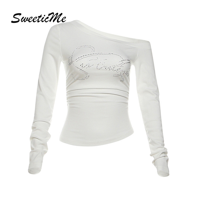 Sweeticme เสื้อสตรี 2024 ใหม่แฟชั่นแนวทแยงเซ็กซี่ Slim Fit แขนยาว Hot Diamond Causal เสื้อยืด