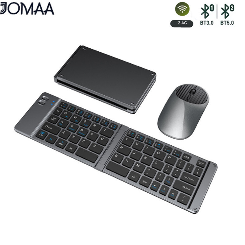 Jomaa แบบพกพา 2.4G + ชุดคีย์บอร์ดและเมาส์แบบพับได้ไร้สายบลูทูธคีย์บอร์ดแบบพับได้แบบชาร์จไฟได้เมาส์ไร้สาย USB สําหรับ Windows IOS PC